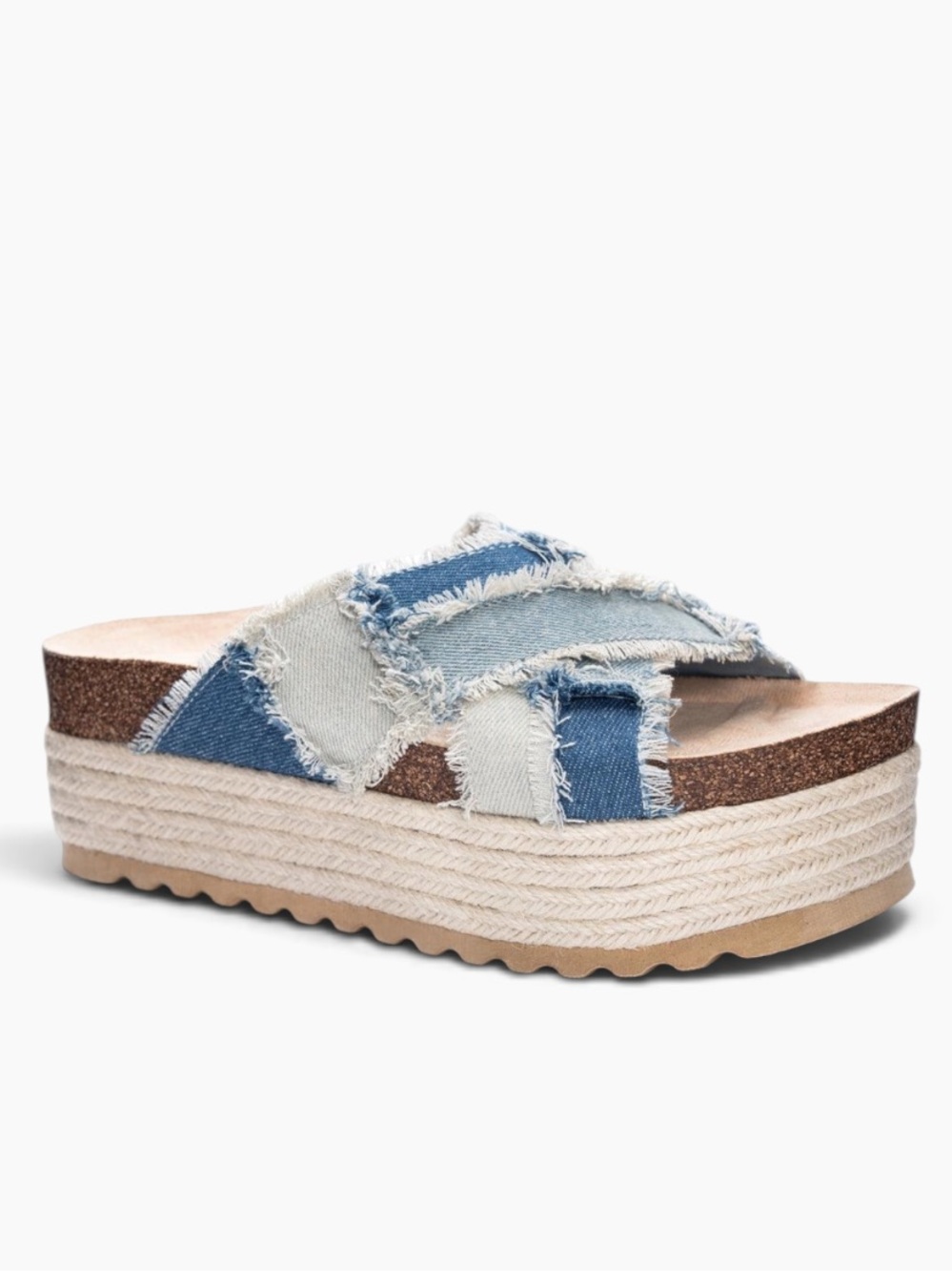 Dirty Laundry Plays Crochet Platform Slide Chunky Mule Sandal in Denim Patchwork